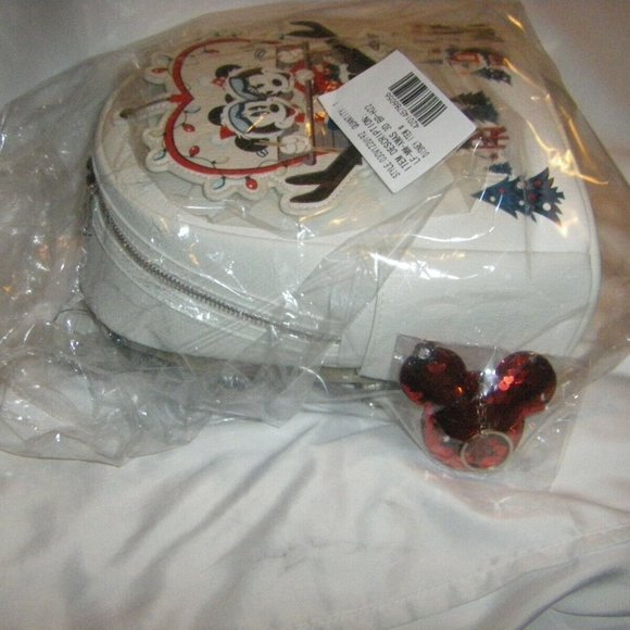 Mickey & Minnie Mouse Holiday Mini Backpack White Disney Loungefly & Keychain - Picture 9 of 12